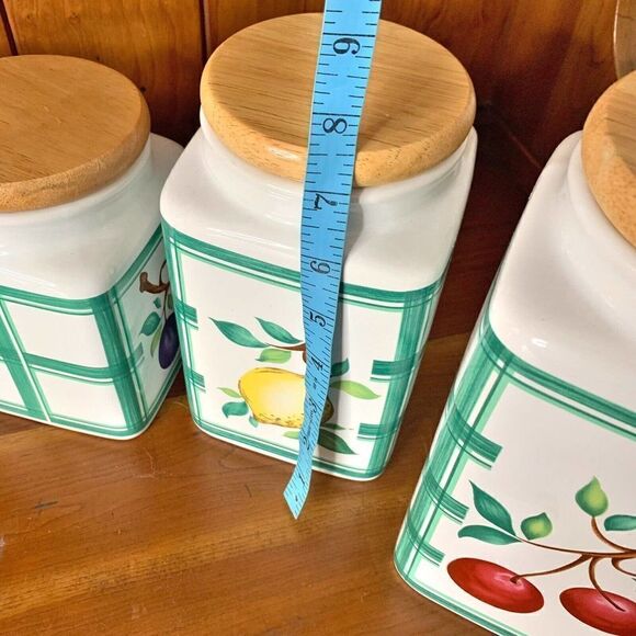 Vintage Lillian Vernon Bright Farmhouse Kitchen Fruit Canister Wood Lid Set of 4 - Picture 9 of 12